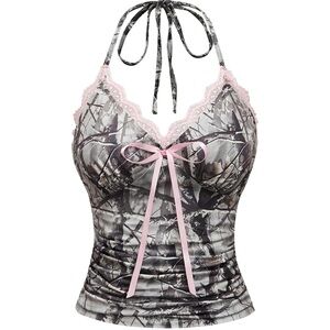 Y2K Camo Halter Lace Trim Tank Top with Pink Bow